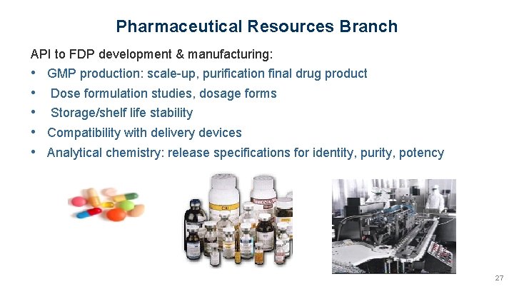 Pharmaceutical Resources Branch API to FDP development & manufacturing: • • • GMP production: