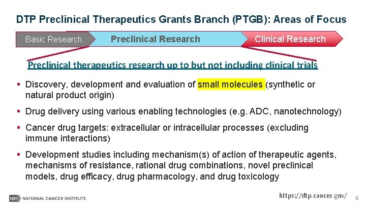 DTP Preclinical Therapeutics Grants Branch (PTGB): Areas of Focus Basic Research Preclinical Research Clinical