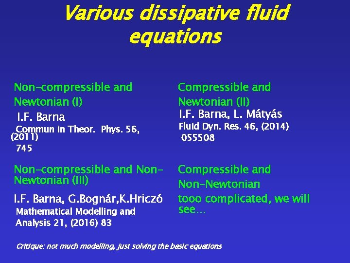 Various dissipative fluid equations Non-compressible and Newtonian (I) I. F. Barna Compressible and Newtonian