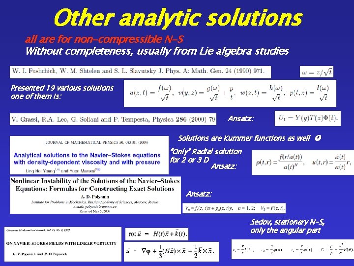 Other analytic solutions all are for non-compressible N-S Without completeness, usually from Lie algebra