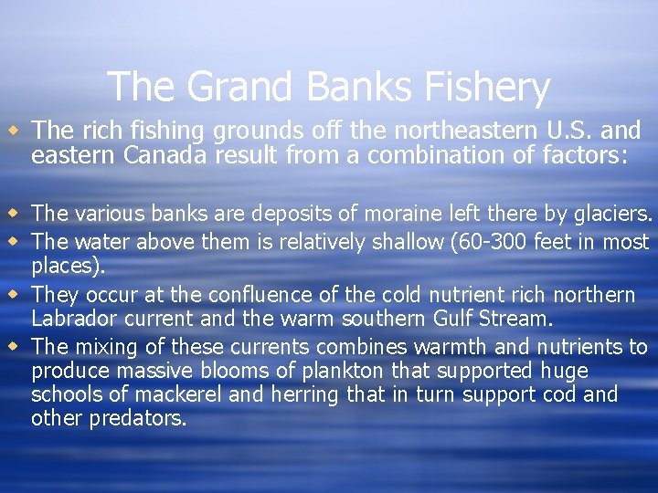 The Grand Banks Fishery w The rich fishing grounds off the northeastern U. S.