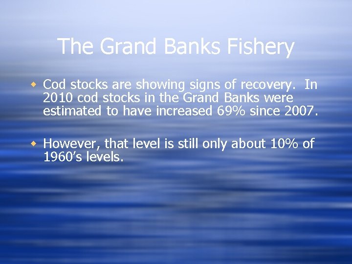 The Grand Banks Fishery w Cod stocks are showing signs of recovery. In 2010
