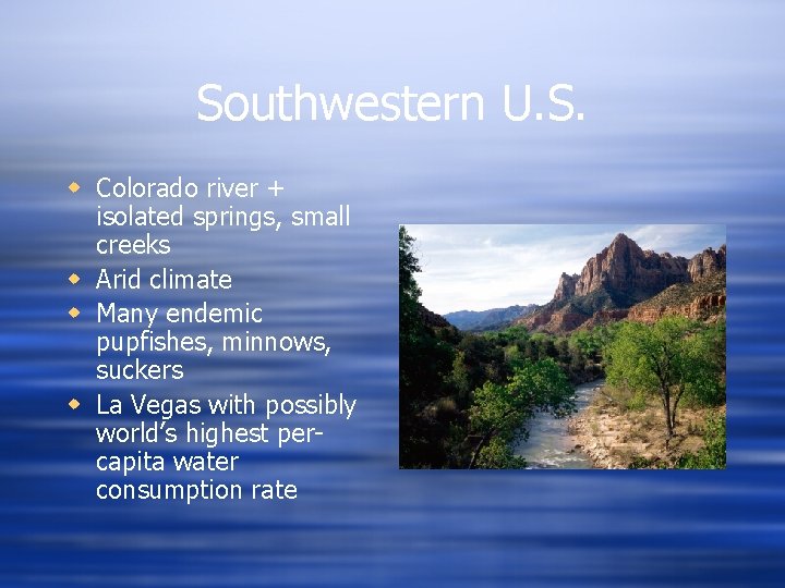 Southwestern U. S. w Colorado river + isolated springs, small creeks w Arid climate