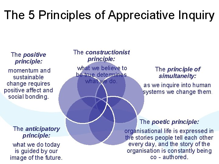 The 5 Principles of Appreciative Inquiry The positive principle: momentum and sustainable change requires The 5 Principles of Appreciative Inquiry The positive principle: momentum and sustainable change requires