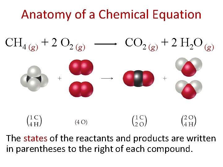 Anatomy of a Chemical Equation CH 4 (g) + 2 O 2 (g) CO