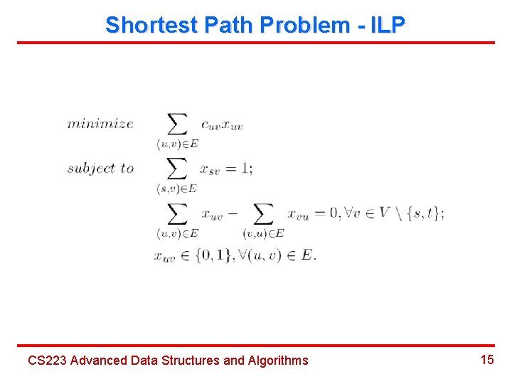 Shortest Path Problem - ILP CS 223 Advanced Data Structures and Algorithms 15 