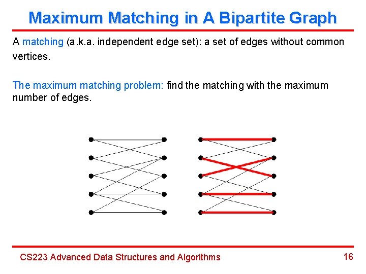 Maximum Matching in A Bipartite Graph A matching (a. k. a. independent edge set):