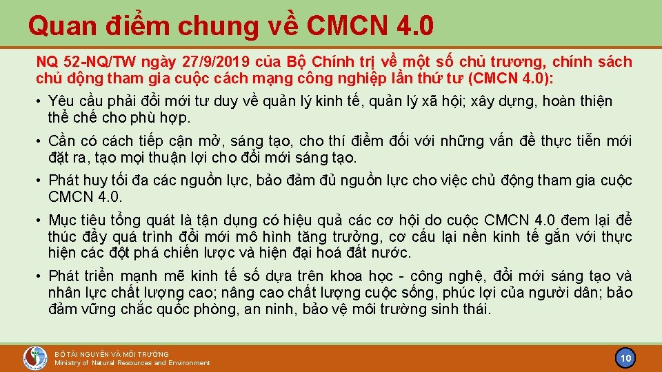 Quan điểm chung về CMCN 4. 0 NQ 52 -NQ/TW ngày 27/9/2019 của Bộ