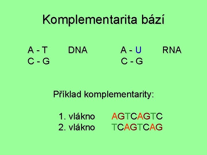 Komplementarita bází A - T DNA A - U RNA C - G C