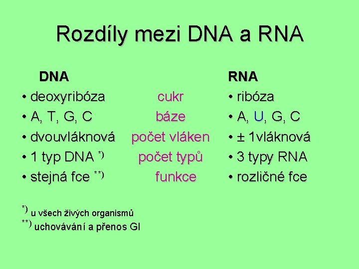 Rozdíly mezi DNA a RNA DNA • deoxyribóza • A, T, G, C •