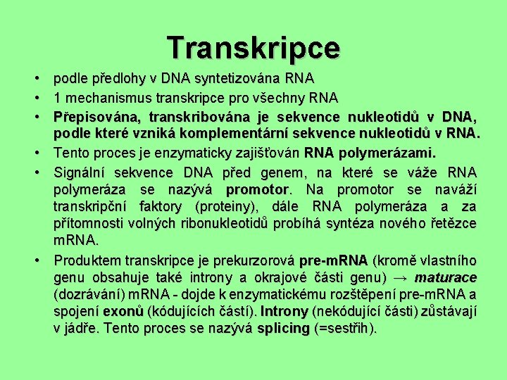 Transkripce • podle předlohy v DNA syntetizována RNA • 1 mechanismus transkripce pro všechny