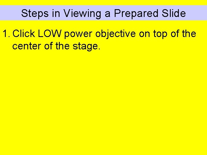 Steps in Viewing a Prepared Slide 1. Click LOW power objective on top of