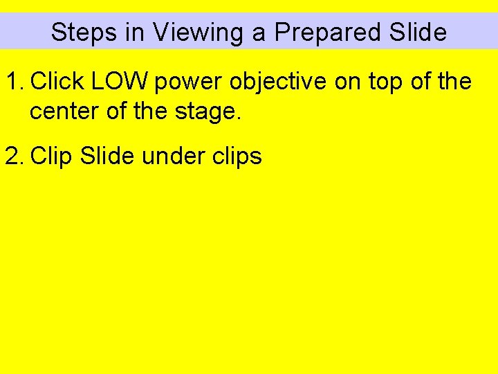 Steps in Viewing a Prepared Slide 1. Click LOW power objective on top of