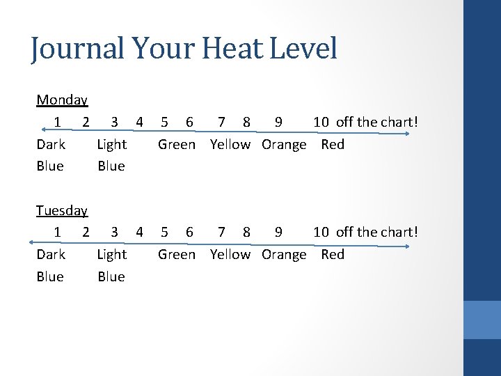 Journal Your Heat Level Monday 1 2 3 4 5 6 7 8 9