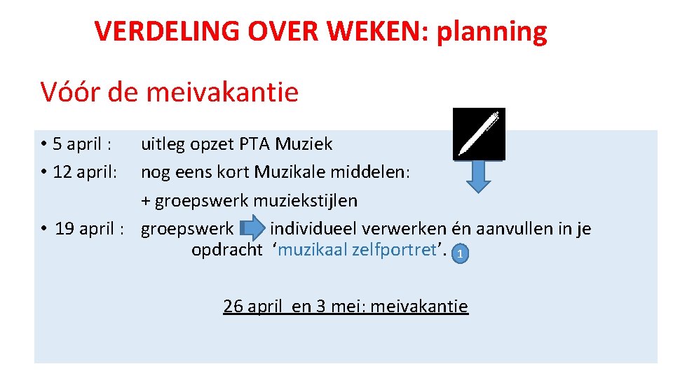 VERDELING OVER WEKEN: planning Vóór de meivakantie • 5 april : uitleg opzet PTA