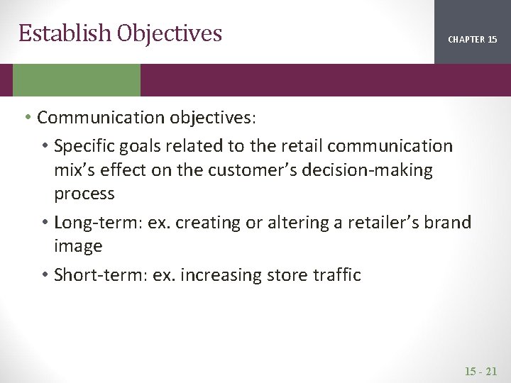 Establish Objectives CHAPTER 15 2 1 • Communication objectives: • Specific goals related to