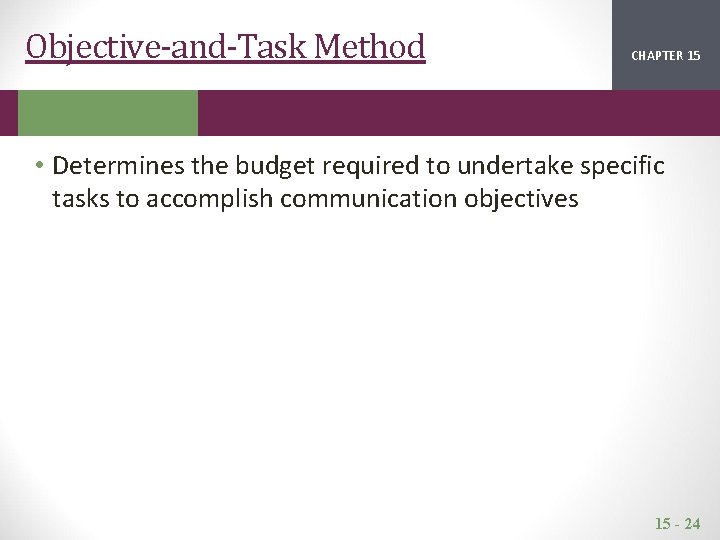 Objective-and-Task Method CHAPTER 15 2 1 • Determines the budget required to undertake specific