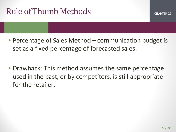 Rule of Thumb Methods CHAPTER 15 2 1 • Percentage of Sales Method –