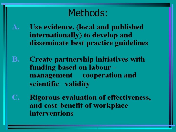 Methods: A. Use evidence, (local and published internationally) to develop and disseminate best practice