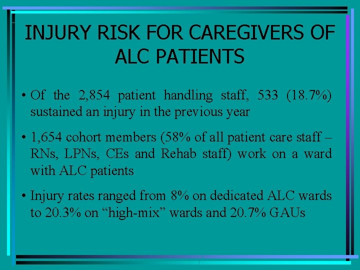 INJURY RISK FOR CAREGIVERS OF ALC PATIENTS • Of the 2, 854 patient handling