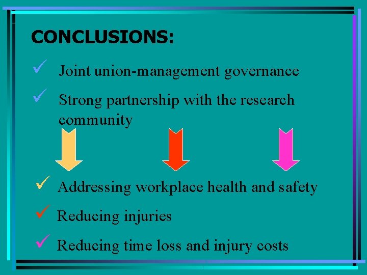 CONCLUSIONS: ü ü Joint union-management governance Strong partnership with the research community ü Addressing