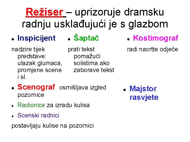 Režiser – uprizoruje dramsku radnju usklađujući je s glazbom Inspicijent Šaptač nadzire tijek prati Režiser – uprizoruje dramsku radnju usklađujući je s glazbom Inspicijent Šaptač nadzire tijek prati