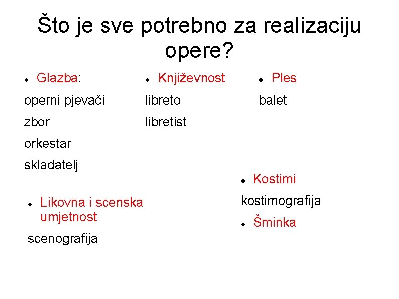 Što je sve potrebno za realizaciju opere? Glazba: Književnost operni pjevači libreto zbor libretist Što je sve potrebno za realizaciju opere? Glazba: Književnost operni pjevači libreto zbor libretist