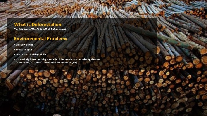 What is Deforestation The clearance of forests by logging and or burning. Environmental Problems