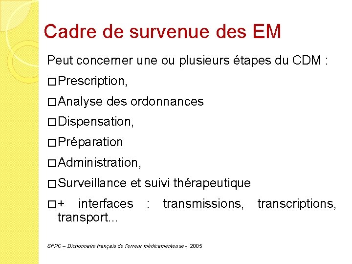 Cadre de survenue des EM Peut concerner une ou plusieurs étapes du CDM :