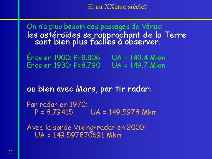 Et au XXème siècle? On n’a plus besoin des passages de Vénus: les astéroïdes Et au XXème siècle? On n’a plus besoin des passages de Vénus: les astéroïdes