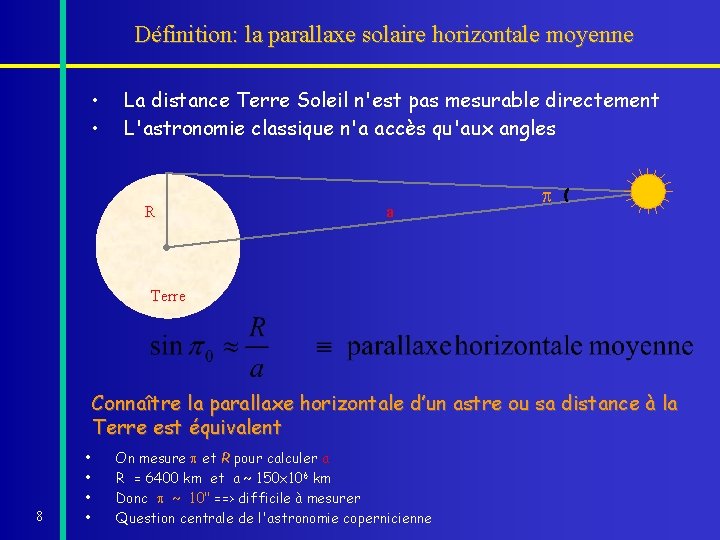 Définition: la parallaxe solaire horizontale moyenne • • La distance Terre Soleil n'est pas Définition: la parallaxe solaire horizontale moyenne • • La distance Terre Soleil n'est pas