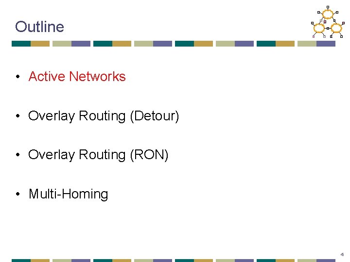 Outline • Active Networks • Overlay Routing (Detour) • Overlay Routing (RON) • Multi-Homing