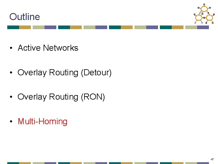 Outline • Active Networks • Overlay Routing (Detour) • Overlay Routing (RON) • Multi-Homing