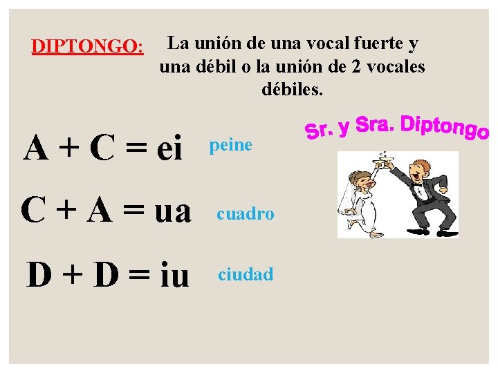 DIPTONGO: La unión de una vocal fuerte y una débil o la unión de