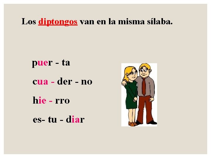 Los diptongos van en la misma sílaba. puer - ta cua - der -