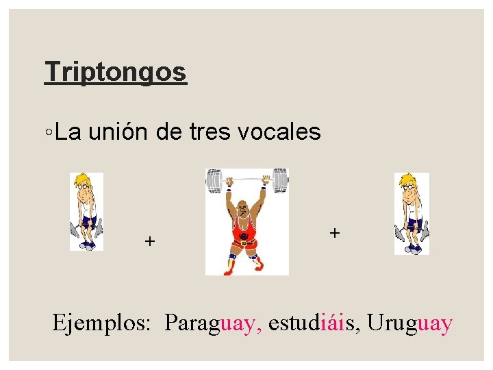 Triptongos ◦ La unión de tres vocales + + Ejemplos: Paraguay, estudiáis, Uruguay 