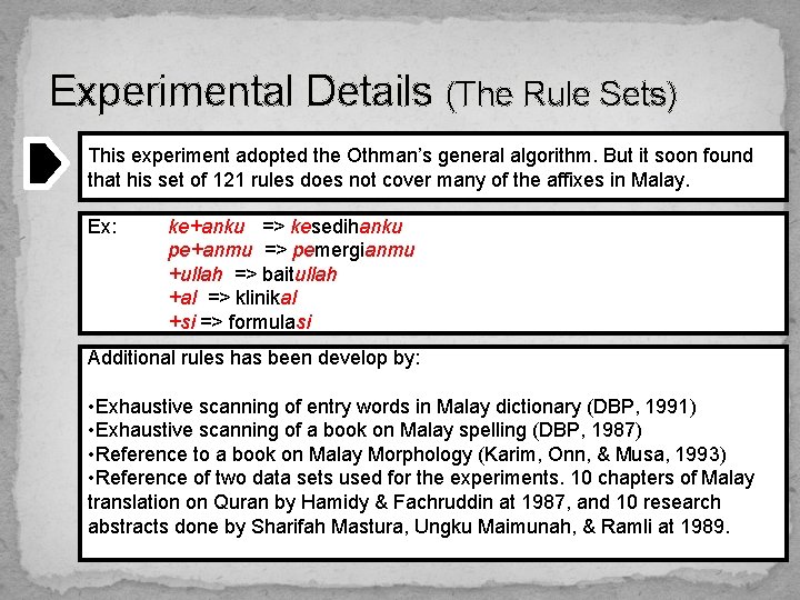 Experimental Details (The Rule Sets) This experiment adopted the Othman’s general algorithm. But it