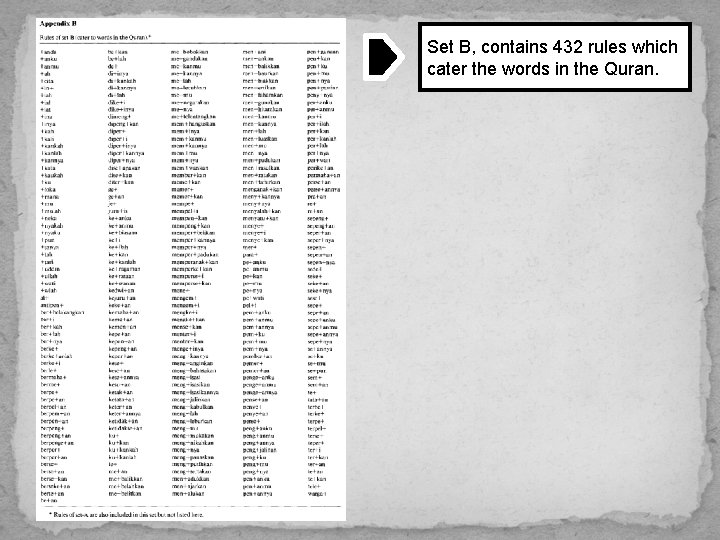 Set B, contains 432 rules which cater the words in the Quran. 