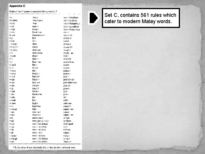 Set C, contains 561 rules which cater to modern Malay words. 