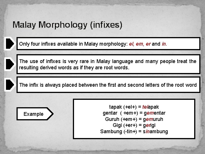 Malay Morphology (infixes) Only four infixes available in Malay morphology: el, em, er and