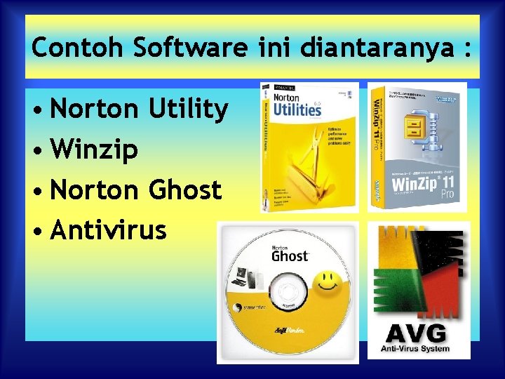 Contoh Software ini diantaranya : • Norton Utility • Winzip • Norton Ghost •