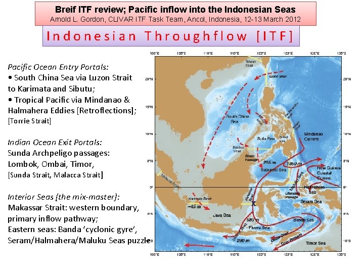 Breif ITF review; Pacific inflow into the Indonesian Seas Arnold L. Gordon, CLIVAR ITF