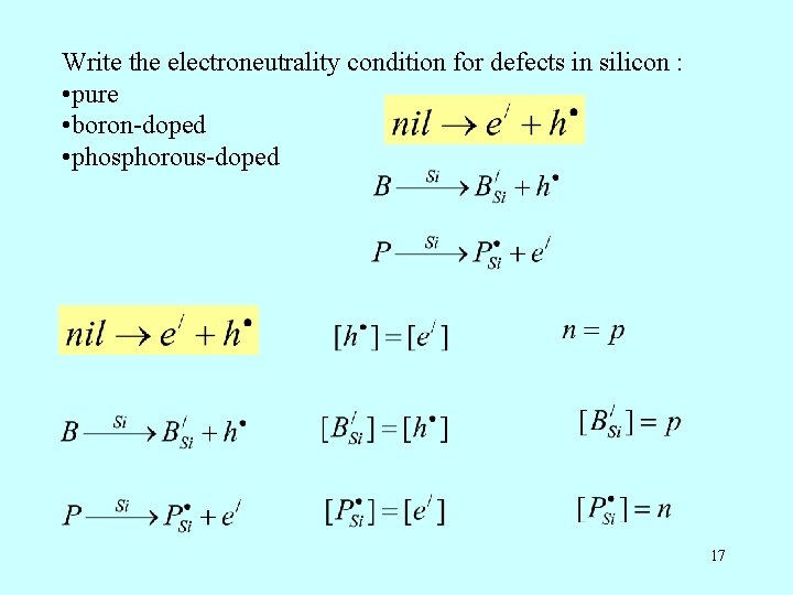 Write the electroneutrality condition for defects in silicon : • pure • boron-doped • Write the electroneutrality condition for defects in silicon : • pure • boron-doped •