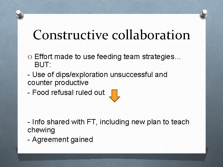 Constructive collaboration O Effort made to use feeding team strategies… BUT: - Use of