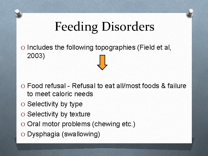 Feeding Disorders O Includes the following topographies (Field et al, 2003) O Food refusal