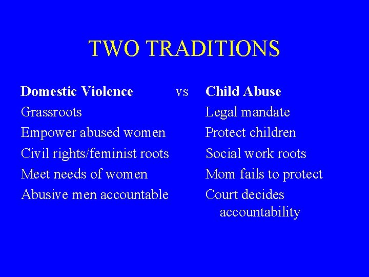 TWO TRADITIONS Domestic Violence vs Grassroots Empower abused women Civil rights/feminist roots Meet needs