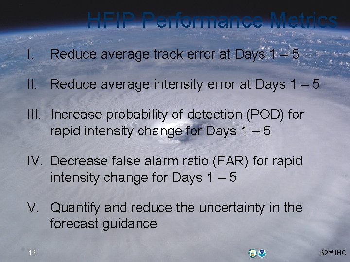 HFIP Performance Metrics I. Reduce average track error at Days 1 – 5 II. HFIP Performance Metrics I. Reduce average track error at Days 1 – 5 II.