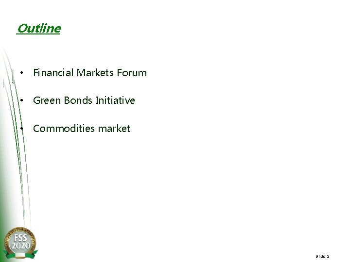 Outline • Financial Markets Forum • Green Bonds Initiative • Commodities market Slide 2