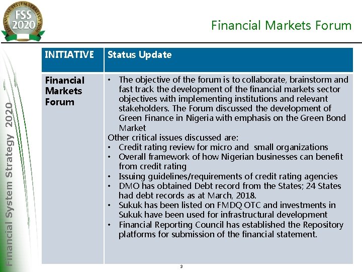 Financial System Strategy 2020 Financial Markets Forum INITIATIVE Status Update Financial Markets Forum •