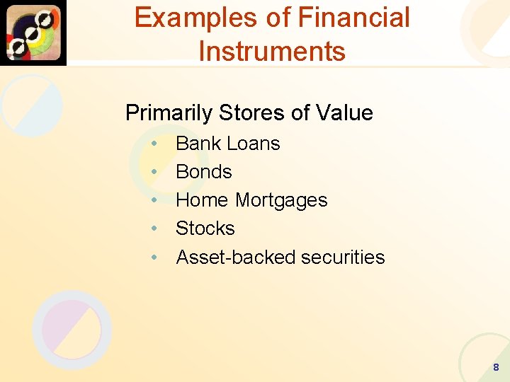 Examples of Financial Instruments Primarily Stores of Value • • • Bank Loans Bonds